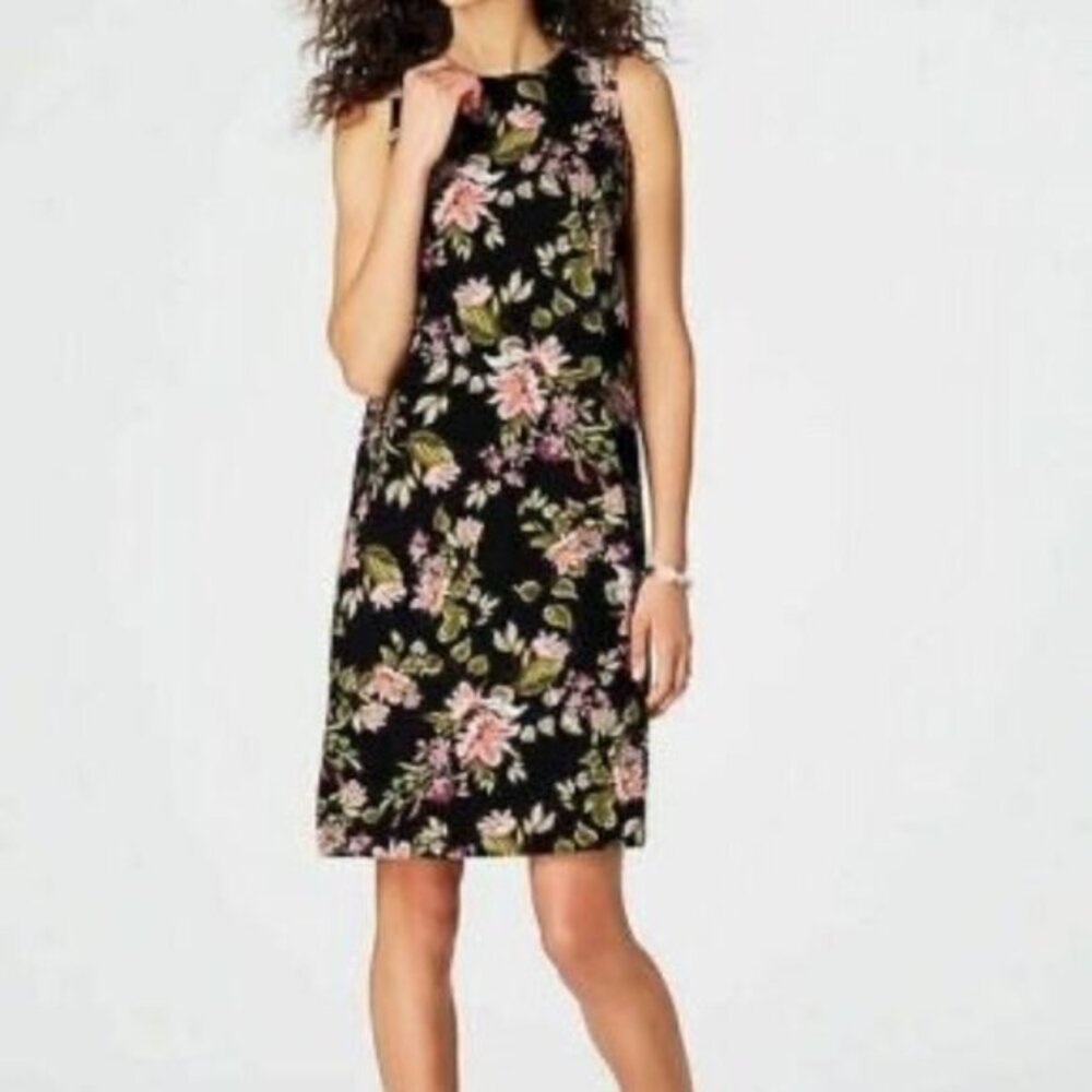 J. Jill Wearever Collection Pleat Back Sleeveless Dress Size L Black Floral Knit